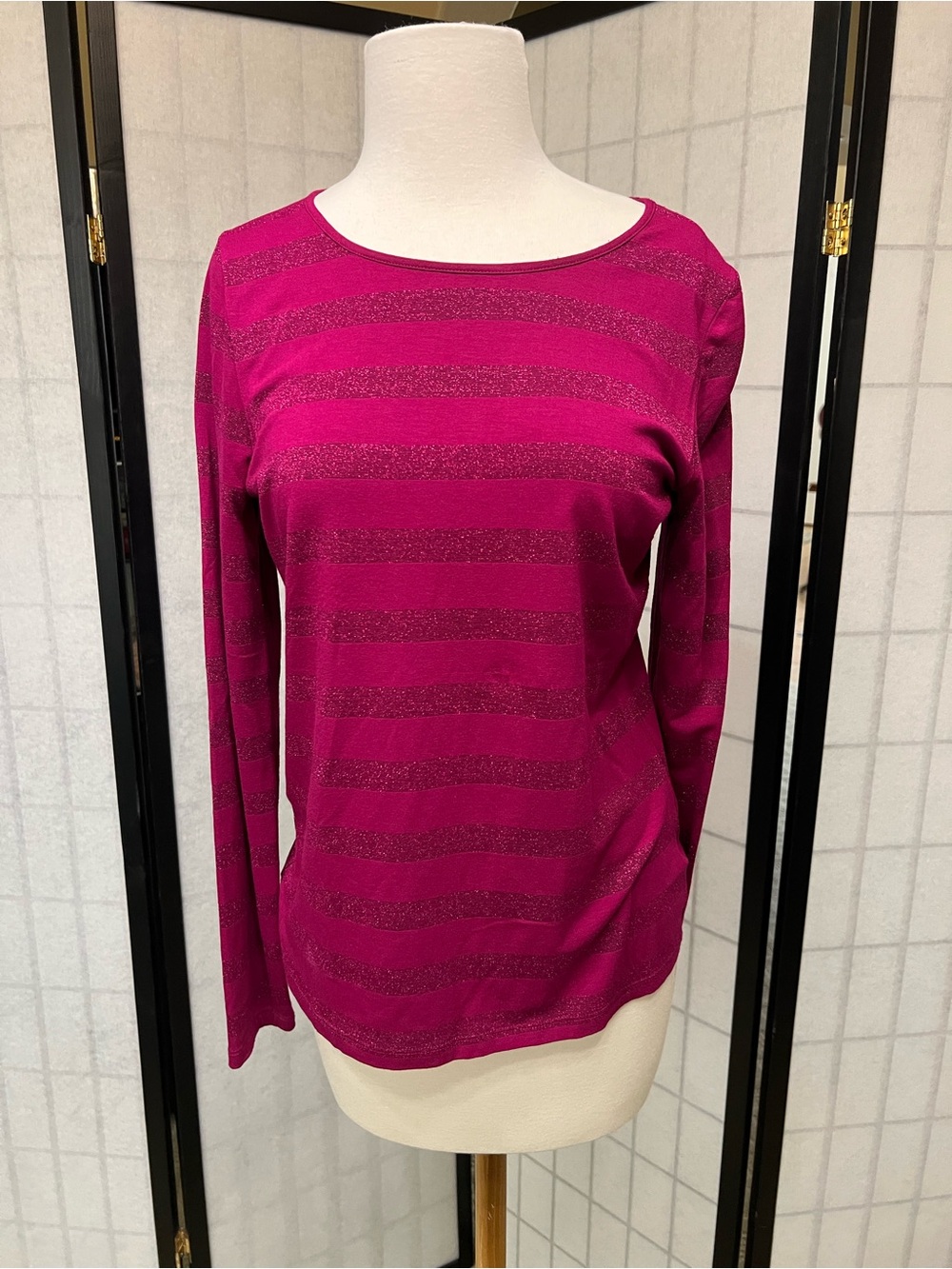 Talbots Glitter Striped Long Sleeve Tee - Fushia